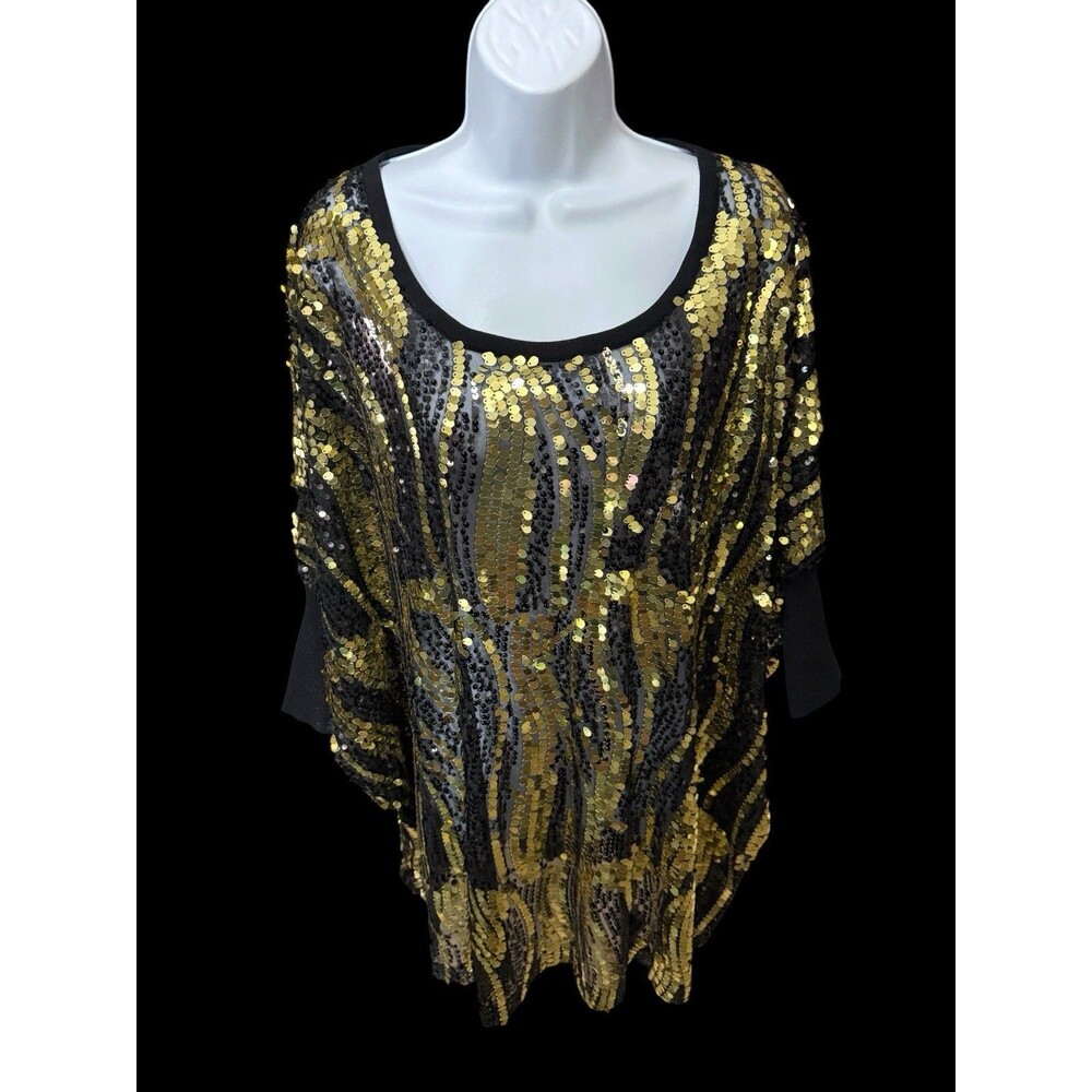 Joan Boyce Black Gold Sequin 1X Tunic Top Oversized Dolman Sleeve Blouse Women's